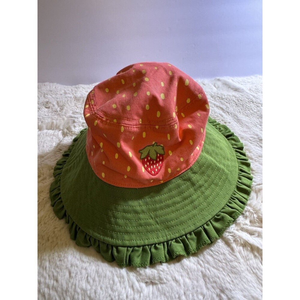 Strawberry Bucket Sun Hat Pink Green Ruffle Excellent Cute Feminine Girly